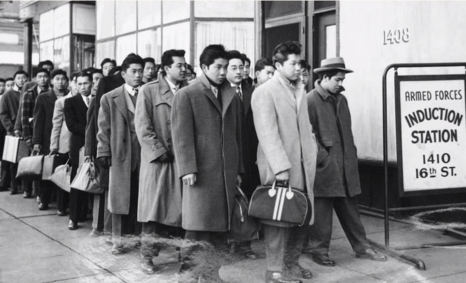 Japanese Americans report for physical examinations in Denver on February 22, 1944, before being sent to the internment camps. Photo courtesy Good Luck Soup film.